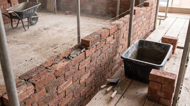 Brick wall construction site with red bricks, mortar tub, scaffolding, and tools on scaffolding platform