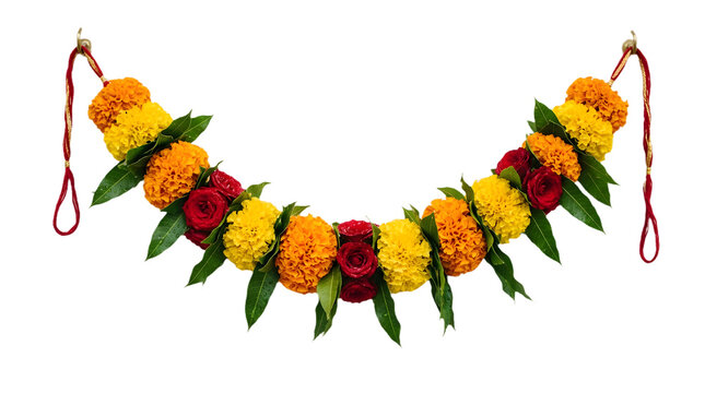 Traditional indian floral toran garland with marigold flowers and red roses for festival decoration isolated on transparent background