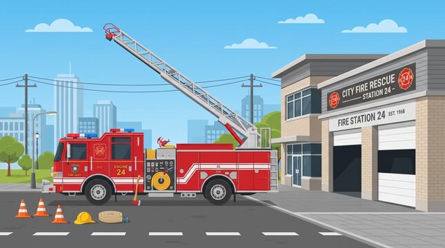 Modern fire engine with extended ladder, emergency equipment and fire station elements presented in a clean professional flat illustration.
