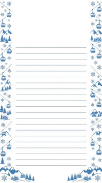 Stationery paper features a winter themed border with mountain silhouettes and ski lift cables.