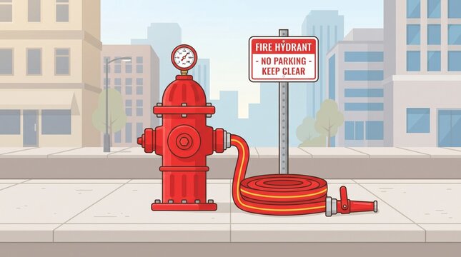 Red fire hydrant connected to a firefighting hose, pressure gauge and nozzle on an urban sidewalk in a clean emergency safety illustration.