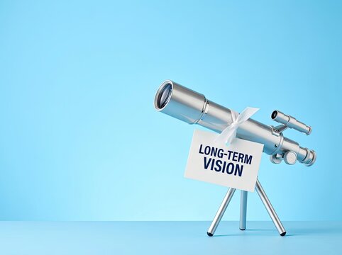 Metallic telescope with a long term vision tag suitable for corporate strategy visual media representing foresight future goals and planning