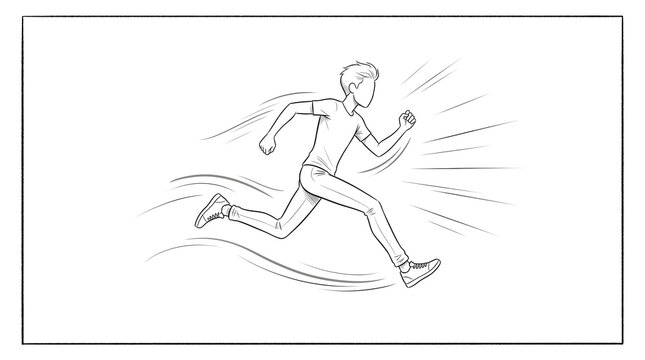 A sketch of an animation of a running character with hand-drawn motion lines, a sequence of line drawings. AI generated.