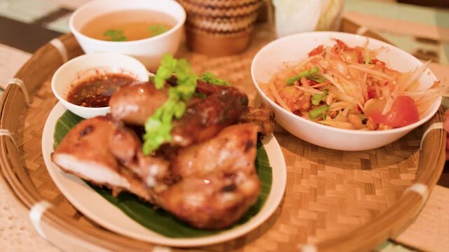 Traditional Thai Isan Meal with Papaya Salad and Grilled Chicken