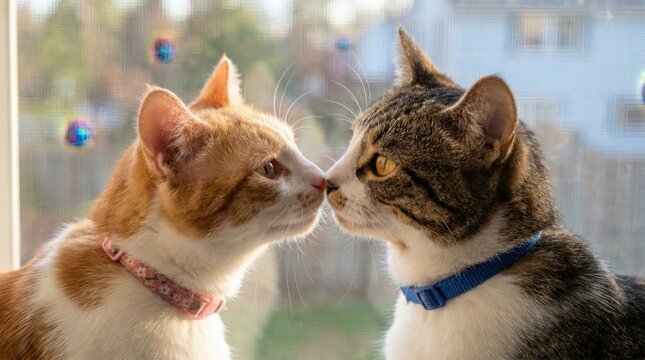Two cats touching noses affectionately by a window with bokeh lights.