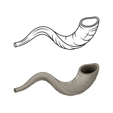 Shofar horn illustration set, Jewish religious ritual instrument for Rosh Hashanah holiday