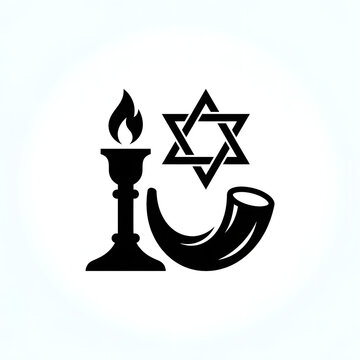 Jewish holiday symbols featuring a Star of David, a shofar horn, and a lit candle icon.