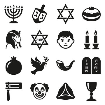 Set of Jewish holiday and religious icons for Hanukkah, Purim and Passover celebrations