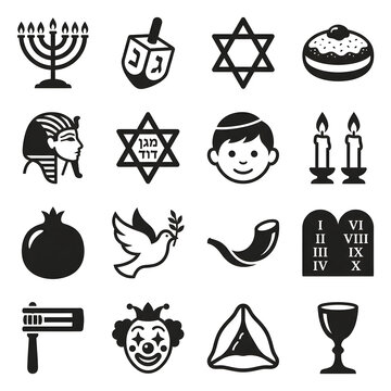 Jewish Holiday Icons Set, Traditional Religious Symbols and Cultural Celebration Elements