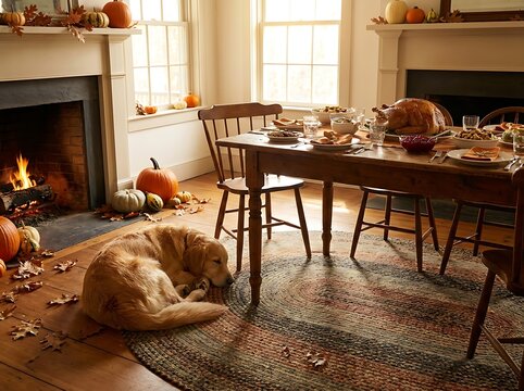 Golden retriever sleeps near wooden table with thanksgiving dinner food.