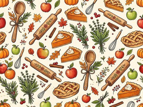 Autumn harvest pattern with pies pumpkins rolling pins and apple fruits.