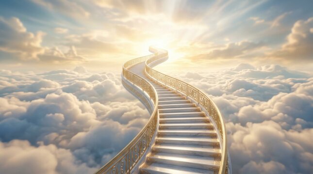 Elegant Spiral Staircase Leading Up Through Cloudy Sky and Sunlight