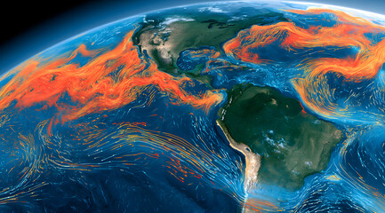 Fototapeta premium Earth's oceans, specifically the Pacific, with detailed climate change, currents distribution, and El Niño phenomenon visualized by a heat map and arrows.