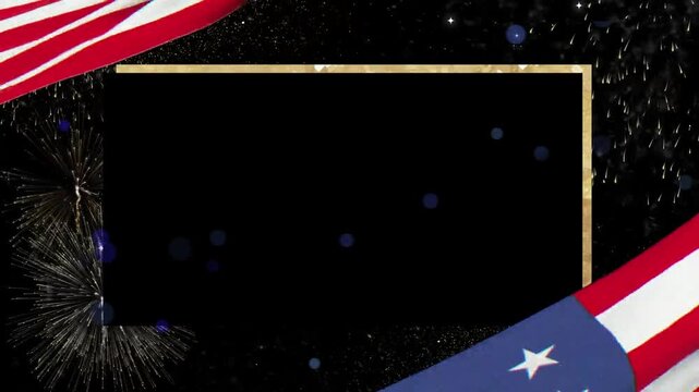 American flags waving alongside bright exploding fireworks framing a central black space for custom text