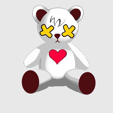 Cute teddy bear with yellow X eyes and red heart vector illustration isolated on background for streetwear fashion, t-shirt print, sticker, textile, apparel, and commercial design