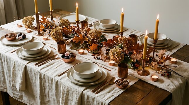 Rustic table setting with copper accents and autumn foliage decor theme.