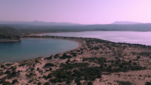 Aerial Flight over Voidokilia Beach Sand Dunes and Gialova Lagoon, Messinia, Peloponnese, Greece