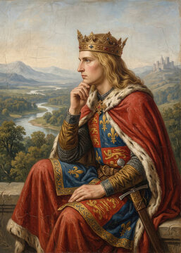 Pensive Young Medieval King in Crown and Royal Fleur-de-lis Tunic, Classic Oil Painting