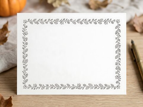 Minimalist autumn foliage line art border on white card on wooden desk.