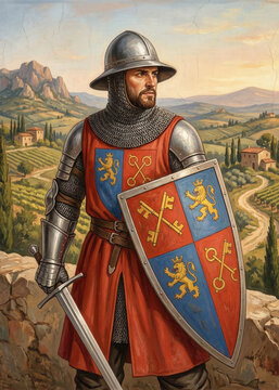 Medieval Soldier in Kettle Hat Armor Holding Heraldic Shield in Countryside, Fine Art Oil Painting