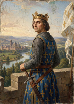 Young Medieval King Wearing Crown and Fleur-de-lis Tunic Overlooking River Castle, Historic Oil Portrait