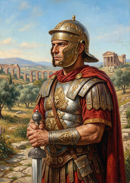 Roman Centurion Officer in Cuirass and Helmet Standing before Ancient Temple, Classic Oil Painting Style