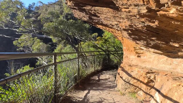 Hiking Trail with Stone Stairs and Metal Railing at Wentworth Falls