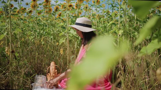 Woman in pink dress and hat sits among sunflowers arranging picnic items on cloth. Sunflower field with tall green stems yellow blooms under blue sky. Close up view through foliage shows