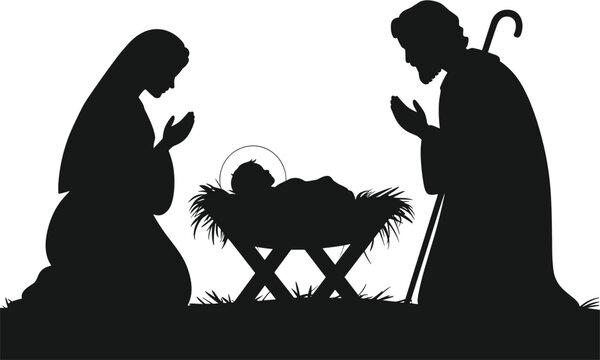 Black silhouette of the nativity scene featuring mary and joseph kneeling in prayer beside the baby jesus in a manger, isolated on a white background, religious