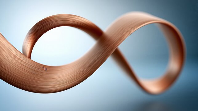 Metallic infinity symbol with copper texture, elegant bronze loop on blue background, abstract metal ribbon concept for eternity