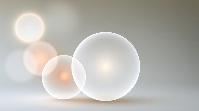 Minimalist glass spheres with soft bokeh light, ethereal glowing bubbles on neutral grey background, elegant abstract orbs for wellness and tech