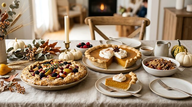 Thanksgiving table setting features variety of seasonal autumn pies.