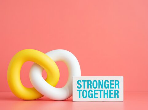Interlinked yellow and white rings beside a block on pink backdrop suitable for business media symbolizing teamwork unity and shared strength