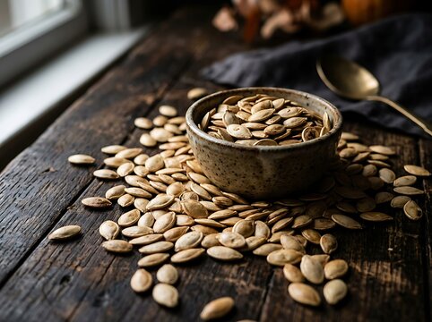 Bowl filled with pumpkin seeds on weathered wood table.