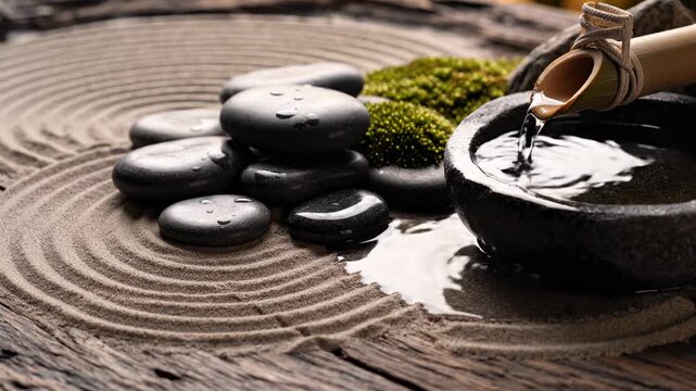 Zen garden arrangement with flowing water from bamboo, raked sand, and dark wet stones, promoting tranquility and mindfulness