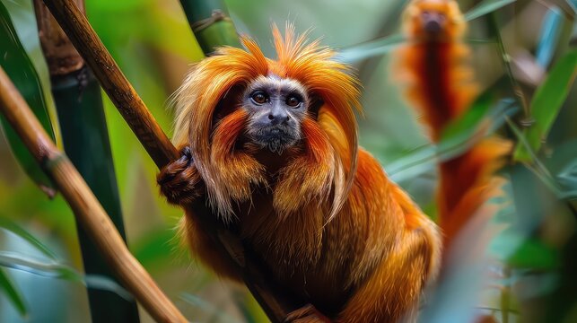 Golden-headed lion tamarin, Leontopithecus chrysomelas, Baha in Brazil. Cute red orange monkey in the nature tropic forest habitat. Small Golden-headed lion tamarin on bamboo tree in junge