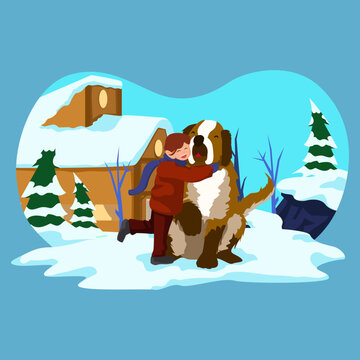A joyful child in red winter clothing hugs a large Saint Bernard dog outdoors in a snowy alpine village setting.