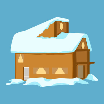 A cartoon style two story wooden cabin covered in heavy snow with warm glowing windows during winter.