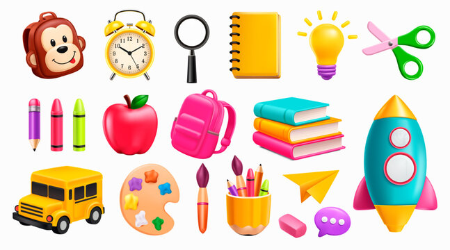 Colorful School Education Items Isolated on White Background