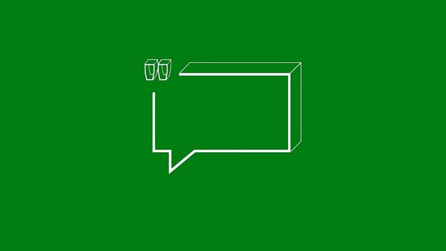 Minimalist white outline 3D speech bubble with quotation marks on solid green screen background