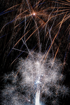 Gold and Silver Fireworks Burst with Sparkles on Night Sky Background