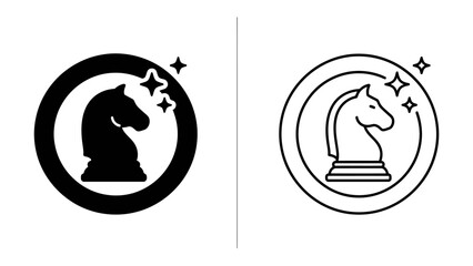 Chess Knight Icon Set: A minimalist graphic representation featuring a chess knight piece in silhouette and outline, enclosed within a circle and adorned with sparkling stars. © Montaha