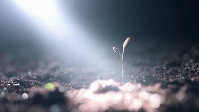 A tender seedling emerges from the dark soil, reaching towards a brilliant beam of light. ..Created with Generative AI, not depicting real subjects.
