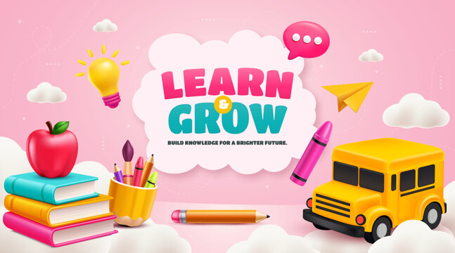 Colorful Learn and Grow Education Banner for Kids 3D Cartoon Illustration