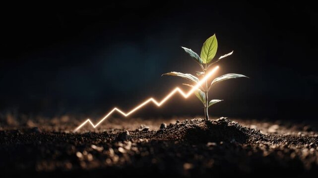 A small plant sprouting from rich soil, illuminated by a golden graph line signifying growth and progress against a dark, moody background. ..Created with Generative AI, not depicting real subjects.