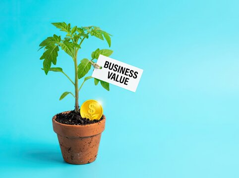 Small green plant with a business value tag in a pot suitable for financial growth themes symbolizing corporate success and wealth development