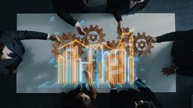 Business Professionals Collaborating on Data Analysis with Graphs and Gears Representing Strategy and Growth in a Modern Work Environment. Entropy.