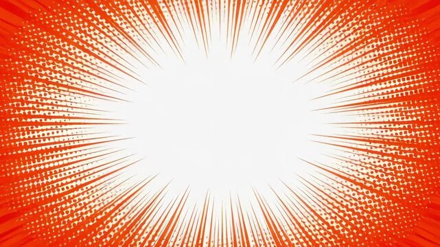 Abstract retro pattern orange halftone burst frame with bright center and dynamic comic style energy, abstract retro pattern orange burst background with white center and dynamic comic style rays