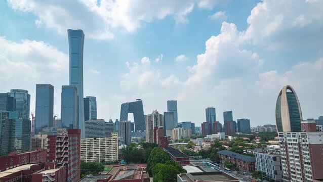 Beijing CBD skyline in Chaoyang, China with modern skyscrapers under blue cloudy sky in Beijing CBD, Chaoyang, Beijing, China