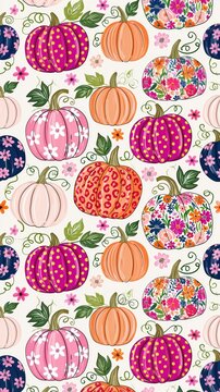 festive art background of autumn pumpkins illustrated with distinct surface patterns